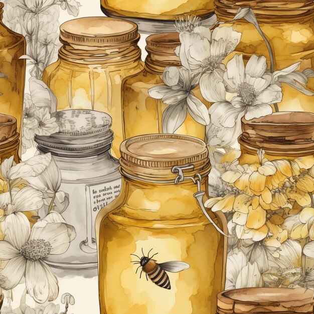 hay muchos tarros de miel y flores sobre la mesa ai generativo