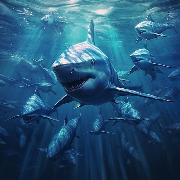Hay muchos tiburones nadando en el océano juntos generativo ai