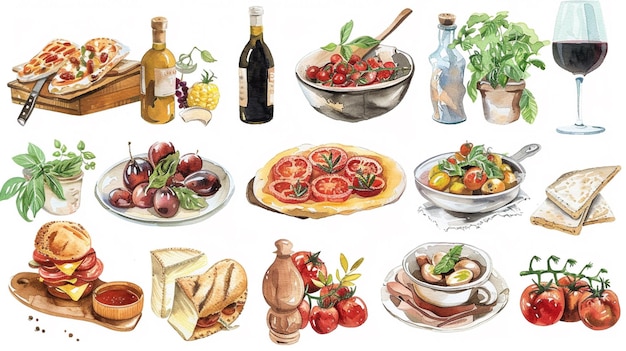 Hay muchos tipos diferentes de alimentos y bebidas en esta imagen generativa ai
