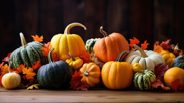 hay muchos tipos diferentes de calabazas y calabazas en una mesa ai generativa