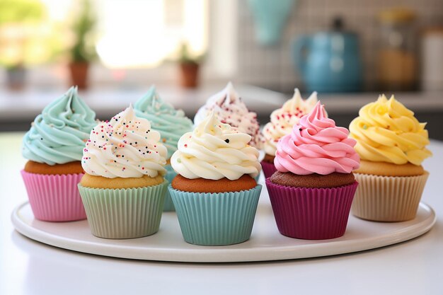 Foto hay muchos tipos diferentes de cupcakes y pasteles en la mesa