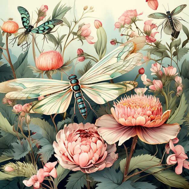 Hay muchos tipos diferentes de flores y mariposas en esta imagen generativa ai