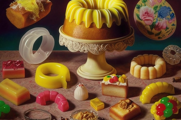 Hay muchos tipos diferentes de pasteles y postres en exhibición generativa ai