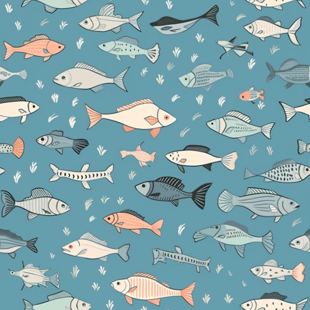 Hay muchos tipos diferentes de peces en este fondo azul generativo ai