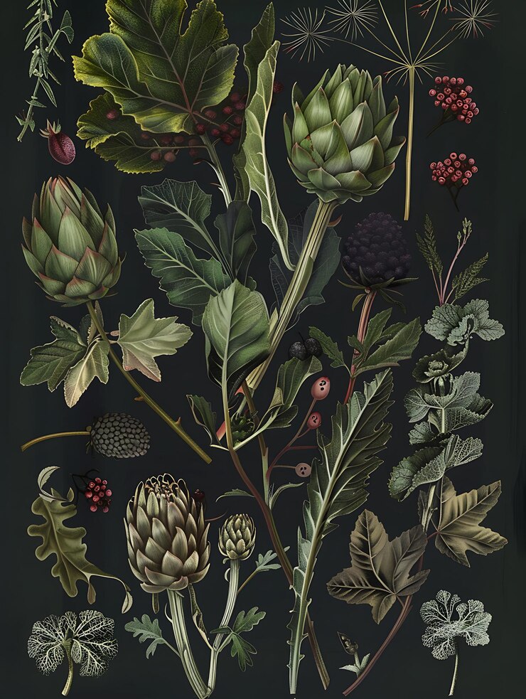 hay muchos tipos diferentes de plantas y flores en este fondo negro