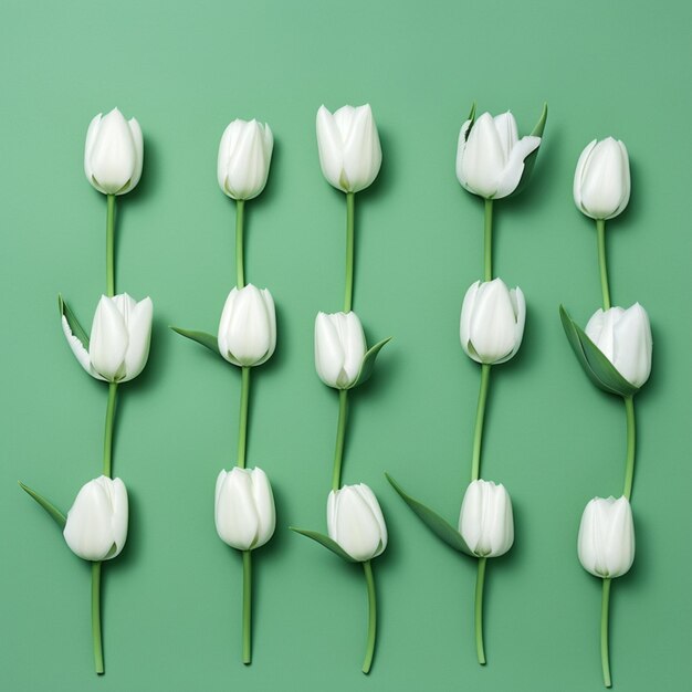 Hay muchos tulipanes blancos en una superficie verde generativa ai