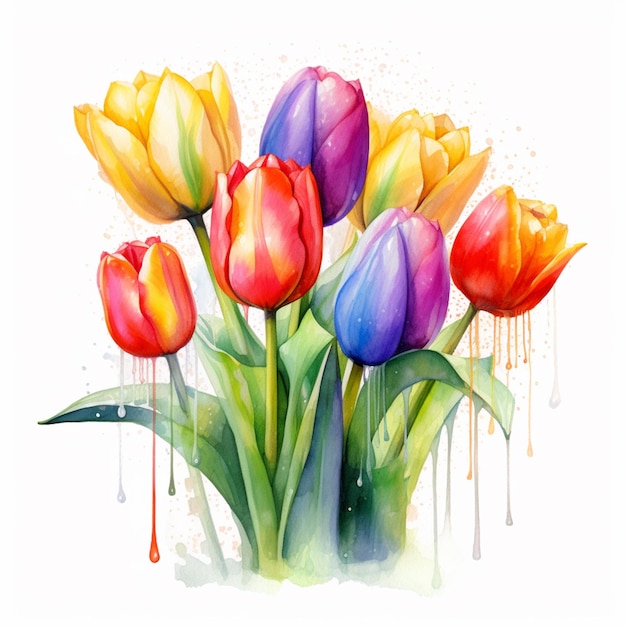 Hay muchos tulipanes que están pintados en un ai generativo de acuarela.