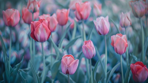 Hay muchos tulipanes rosados en un campo de hojas verdes generativo ai