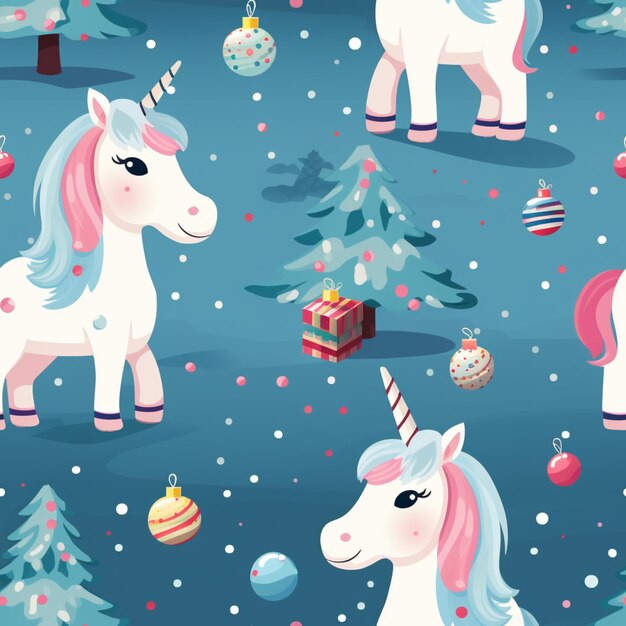 Foto hay muchos unicornios diferentes en una escena de navidad con adornos generativos ai