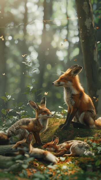 Foto hay muchos zorros que están sentados en una roca en el bosque generativo ai