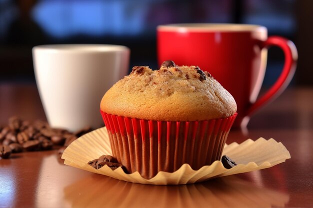 hay un muffin en un plato al lado de una taza de café generativo ai