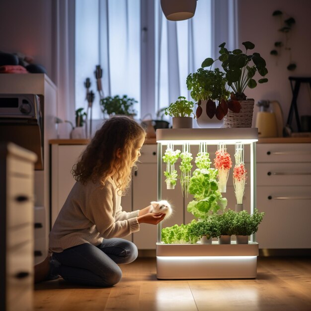 Foto hay una mujer arrodillada delante de un plantador generativo ai