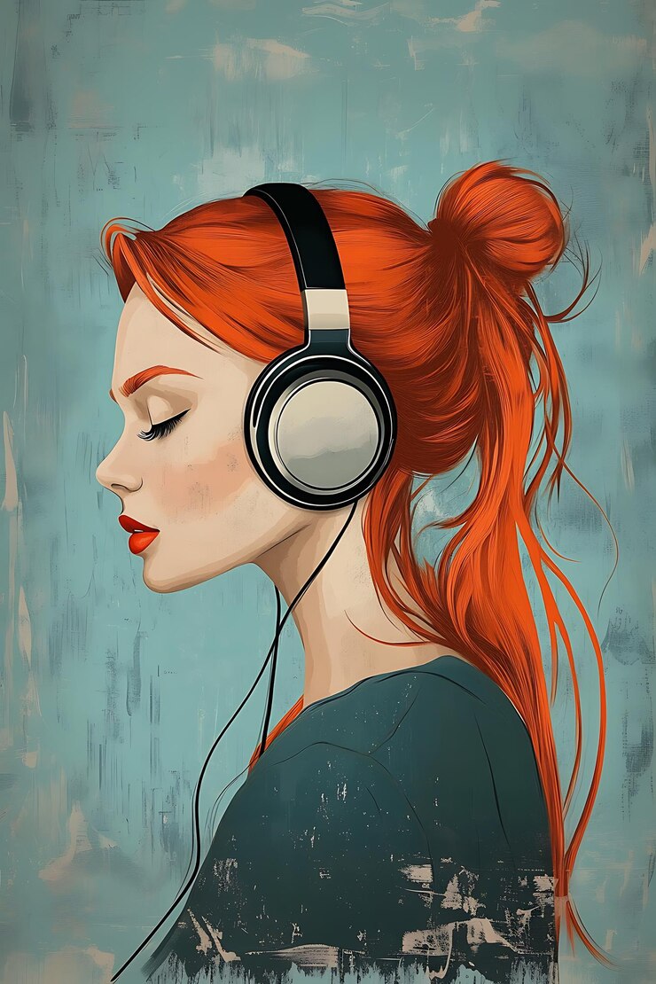 hay una mujer con auriculares en la cabeza y un fondo azul