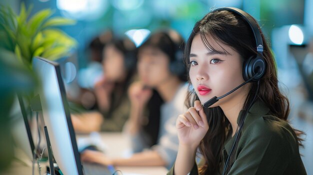 Hay una mujer con auriculares y un micrófono frente a una computadora generativa.