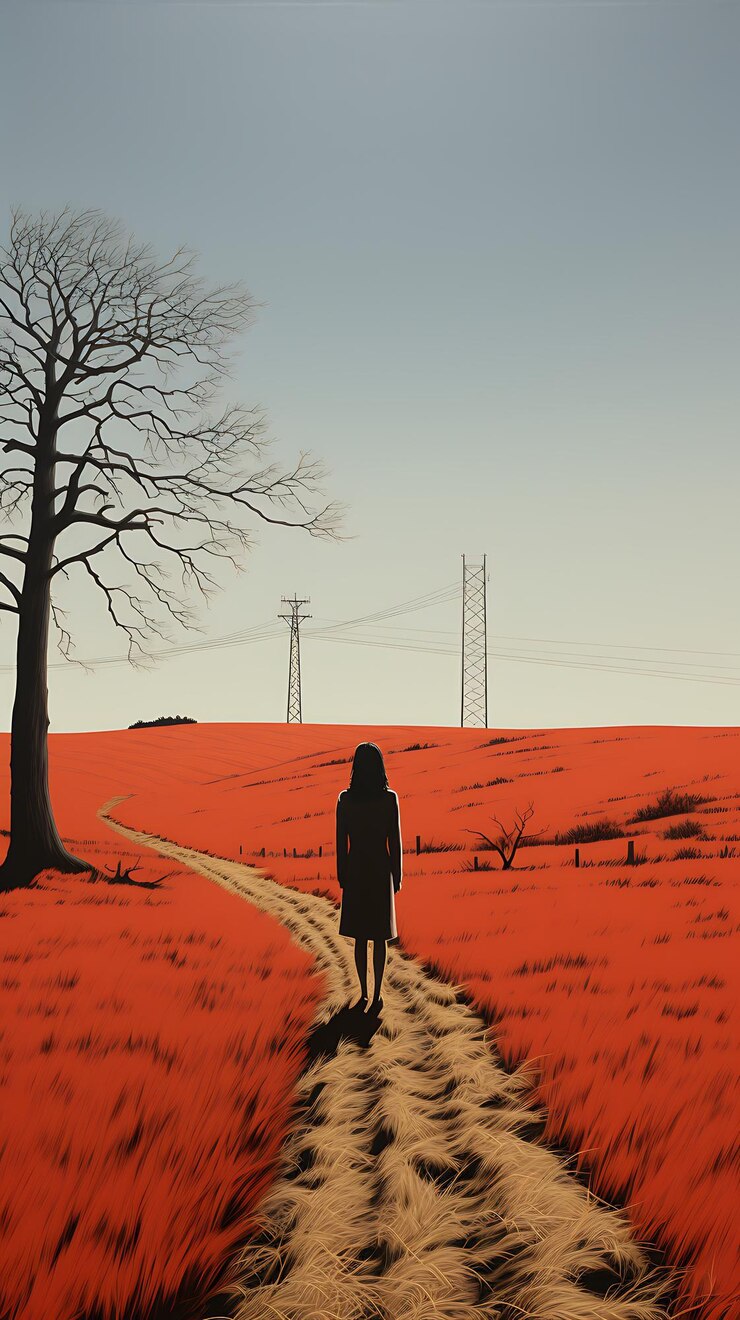 hay una mujer caminando por un camino de tierra en un campo