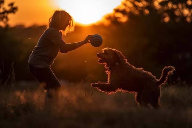 Hay una mujer jugando con un perro en un campo generativo ai