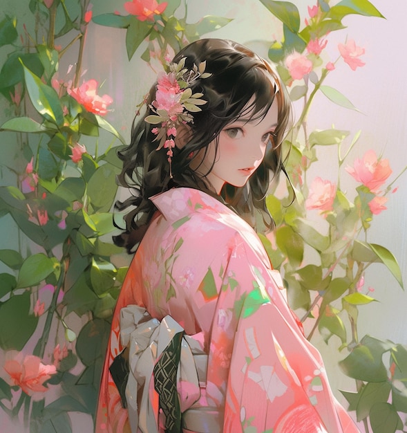 Hay una mujer en un kimono con flores en el cabello ai generativo