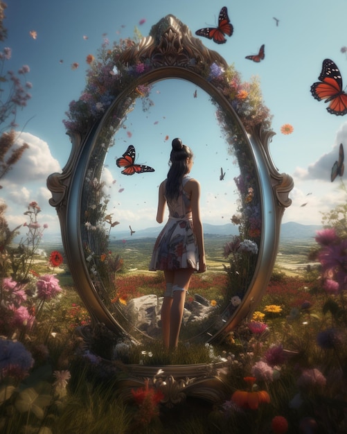 Hay una mujer mirándose en un espejo rodeada de flores ai generativo
