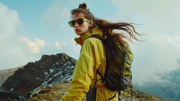 Hay una mujer con una mochila y gafas de sol en una montana generativa ai Imagen Premium generada con IA
