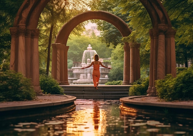 Foto hay una mujer paseando por un parque con una fuente generativa ai