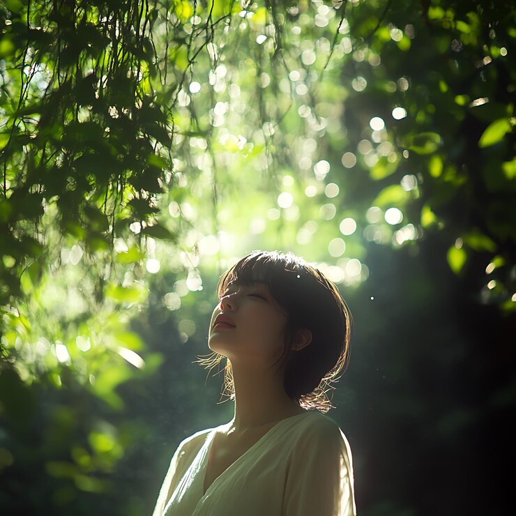 hay una mujer de pie en el bosque mirando hacia el cielo