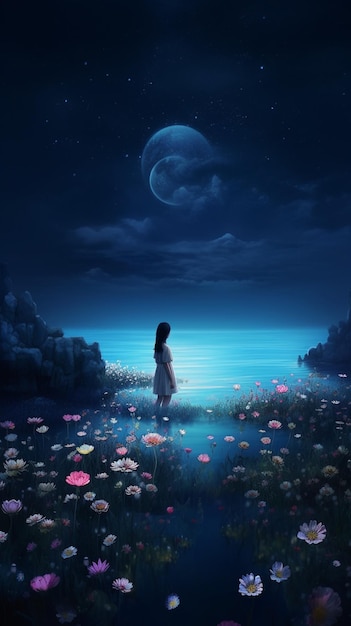 hay una mujer de pie en un campo de flores mirando a la luna generativa ai