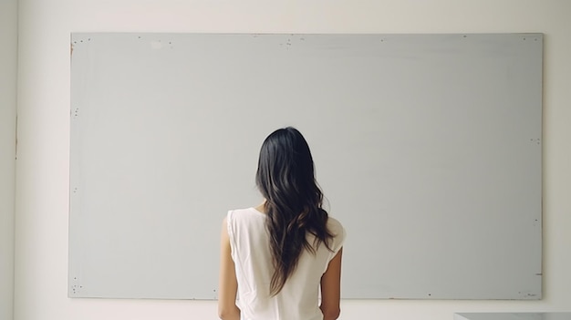 Hay una mujer de pie frente a una tabla blanca generativa ai