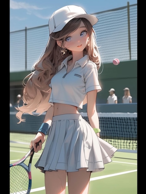 Hay una mujer que está parada en una cancha de tenis con una raqueta generativa ai
