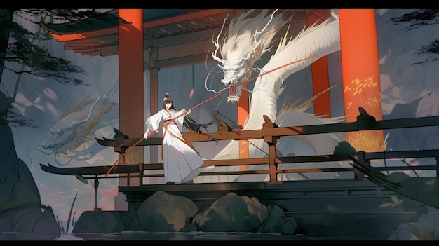 Hay una mujer que está parada en un puente con un aire generativo de dragón.