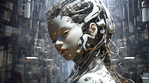Hay una mujer robot con cabeza de alambre en una ciudad futurista ai generativa