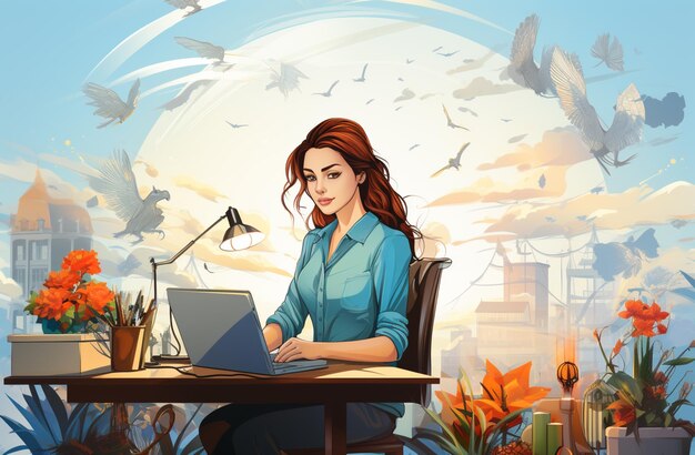 hay una mujer sentada en un escritorio con una computadora portátil generativa AI