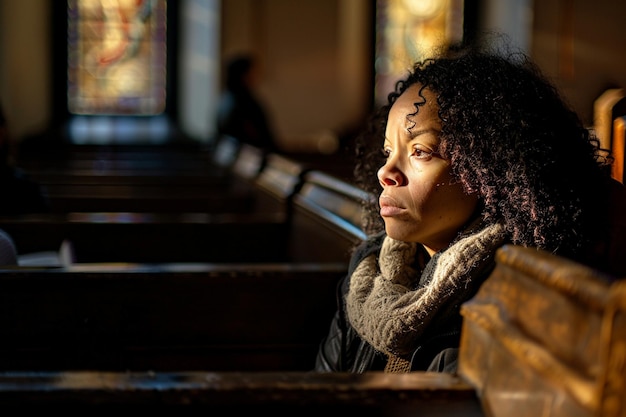 Foto hay una mujer sentada en una iglesia mirando el vitral generativo ai