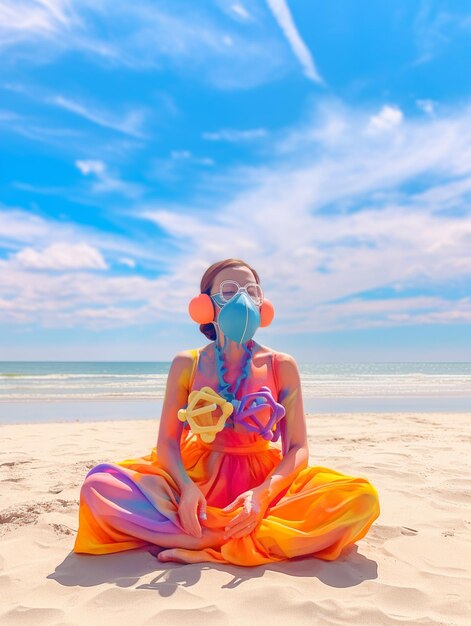 Foto hay una mujer sentada en la playa con una máscara en generativa ai