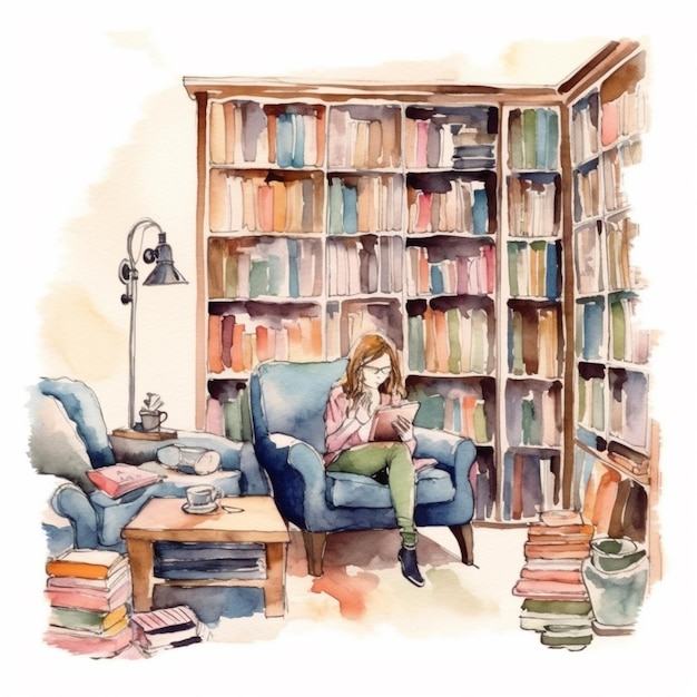 Hay una mujer sentada en un sofá en una biblioteca generativa ai