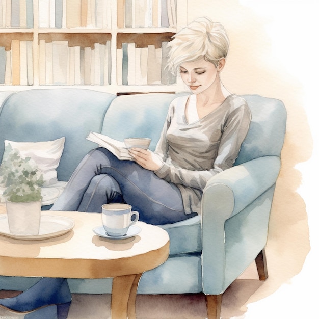 hay una mujer sentada en un sofá leyendo un libro ai generativo