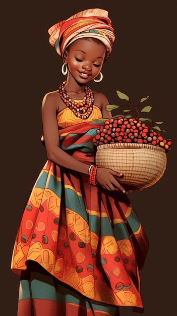 Hay una mujer sosteniendo una canasta de frutas y una planta generativa ai.