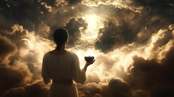 Foto hay una mujer sosteniendo una taza frente a un cielo nublado