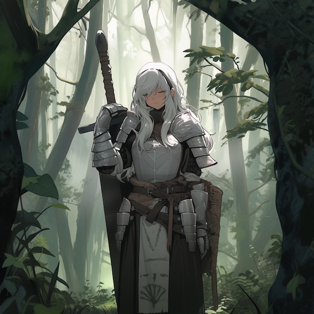 Hay una mujer con un traje de caballero sosteniendo una espada en un bosque generativo ai