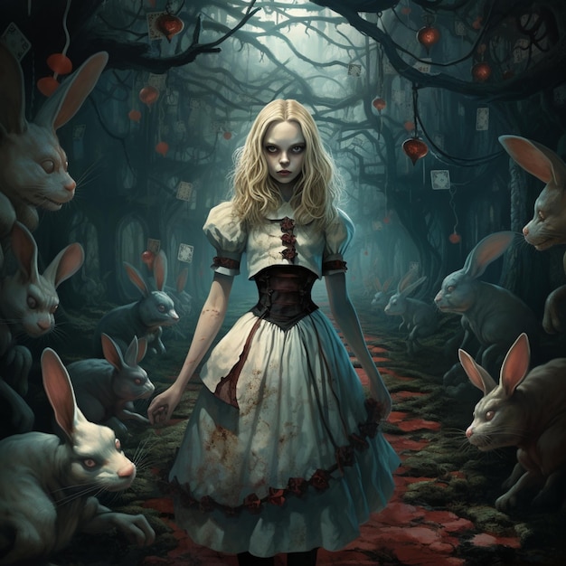 Hay una mujer con un vestido de pie en un bosque con conejos ai generativa