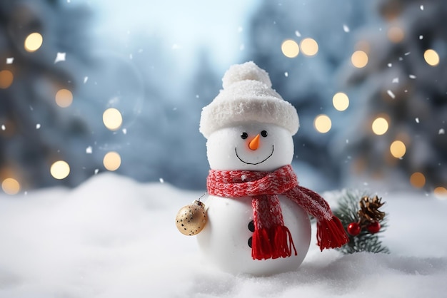 Foto hay un muñeco de nieve con una bufanda roja y un sombrero en ia generativa