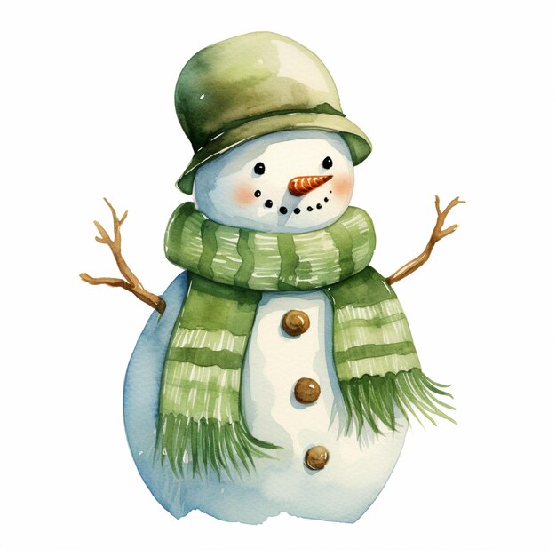 hay un muñeco de nieve con una bufanda verde y sombrero generativo ai