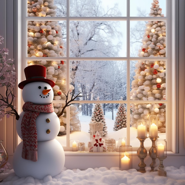 hay un muñeco de nieve que está de pie frente a una ventana generativa ai