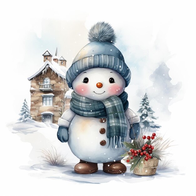 Foto hay un muñeco de nieve con un sombrero y una bufanda de pie en la nieve generativa ai