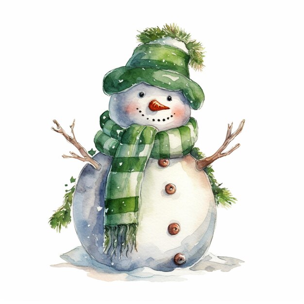 hay un muñeco de nieve con sombrero verde y bufanda ai generativa