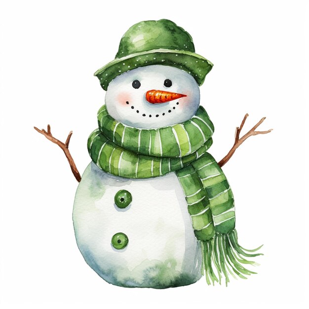 Hay un muñeco de nieve con un sombrero verde y una bufanda generativa ai