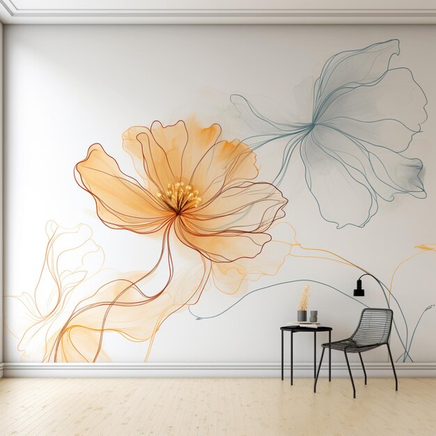 Foto hay un mural de una flor y una silla en una habitación generativa ai