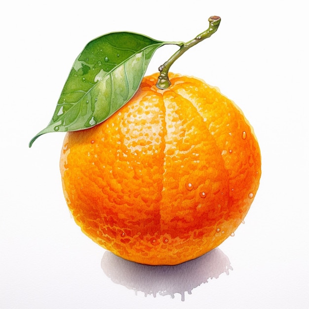 hay una naranja con una hoja en ella sentada en una mesa generativa ai