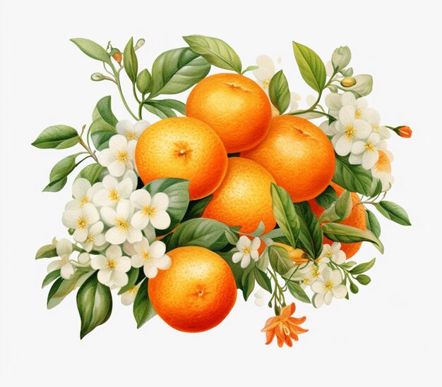 hay naranjas y flores blancas en una rama con hojas generativas ai