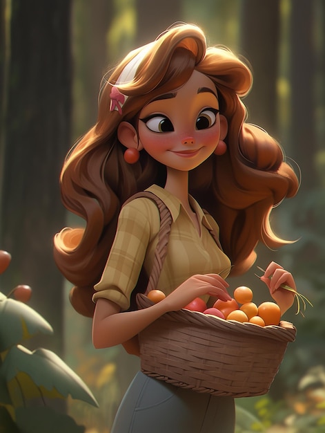 hay una niña de dibujos animados sosteniendo una canasta de frutas en el bosque ai generativo