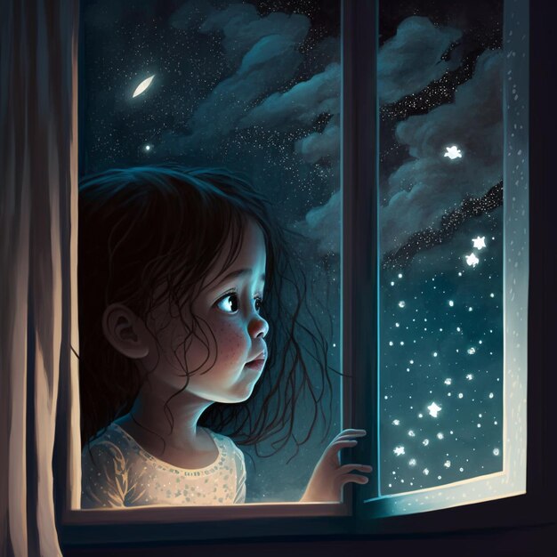 Foto hay una niña mirando por una ventana a las estrellas generativo ai